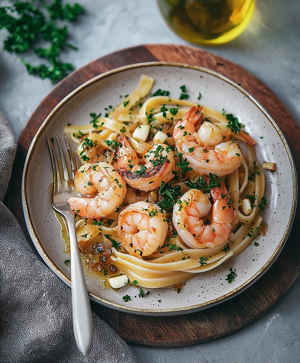Pâtes aux crevettes ail persil
