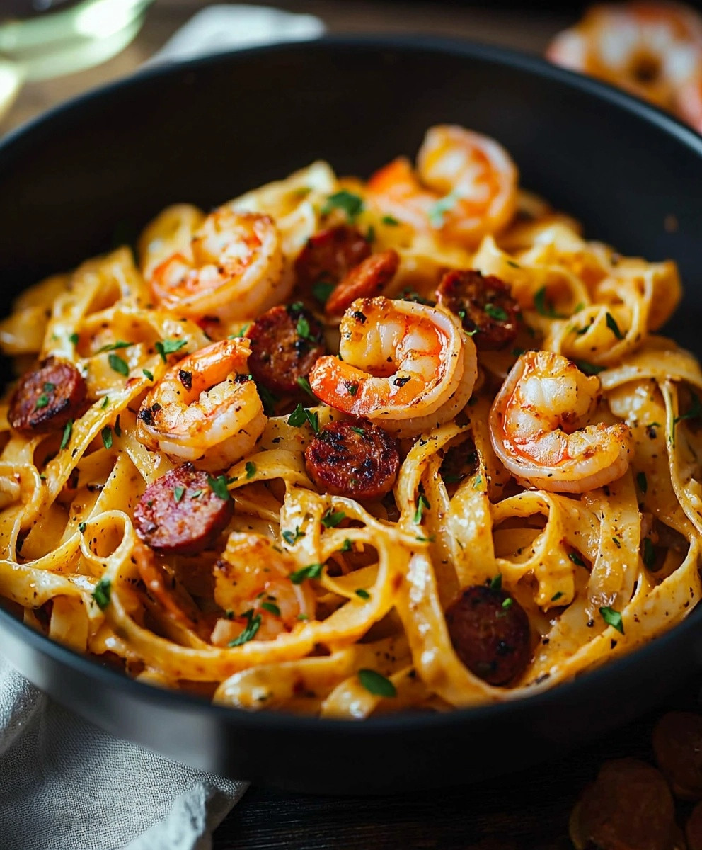 Tagliatelles crème poivron chorizo crevettes