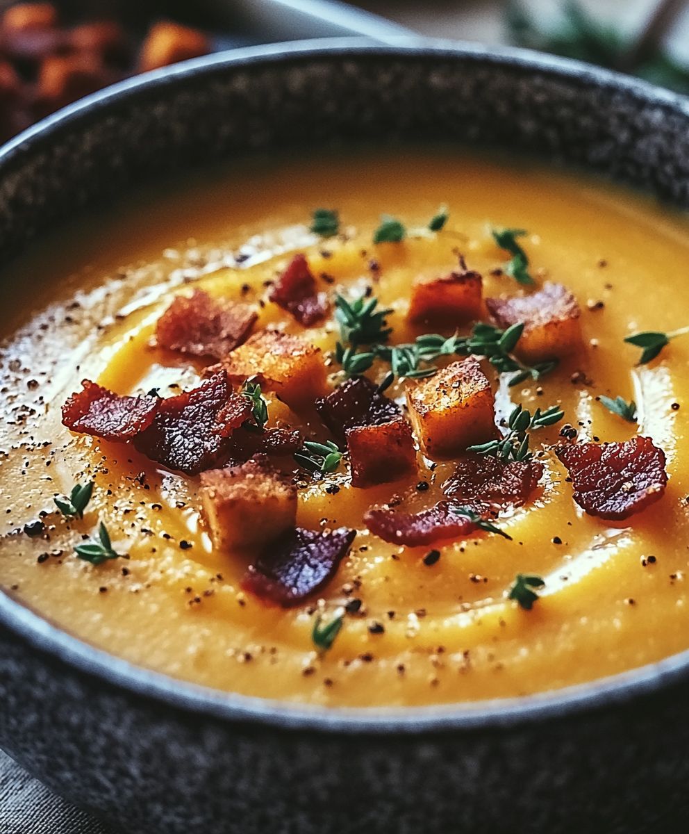 Velouté potiron châtaignes lard croustillant