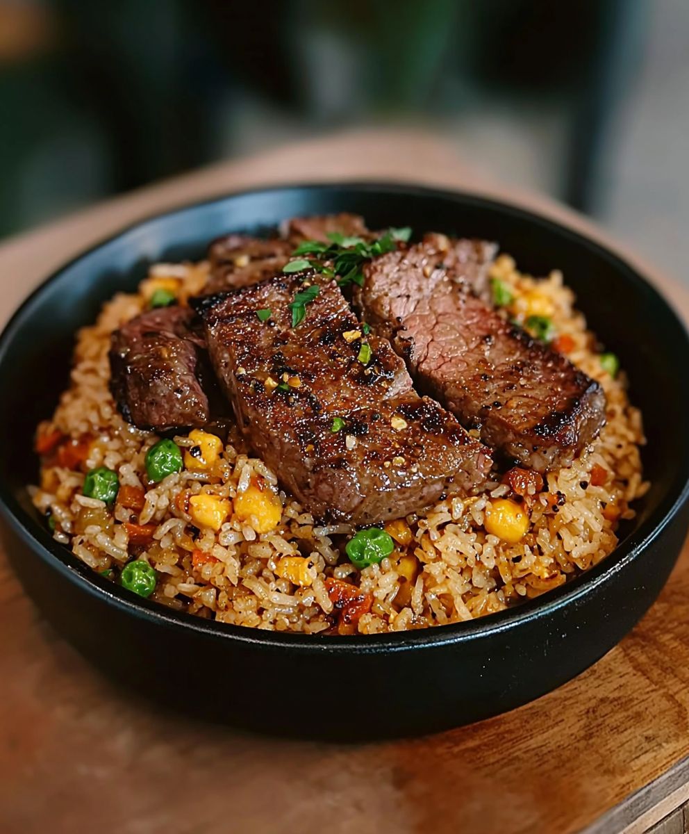 Riz frit steak poivre noir