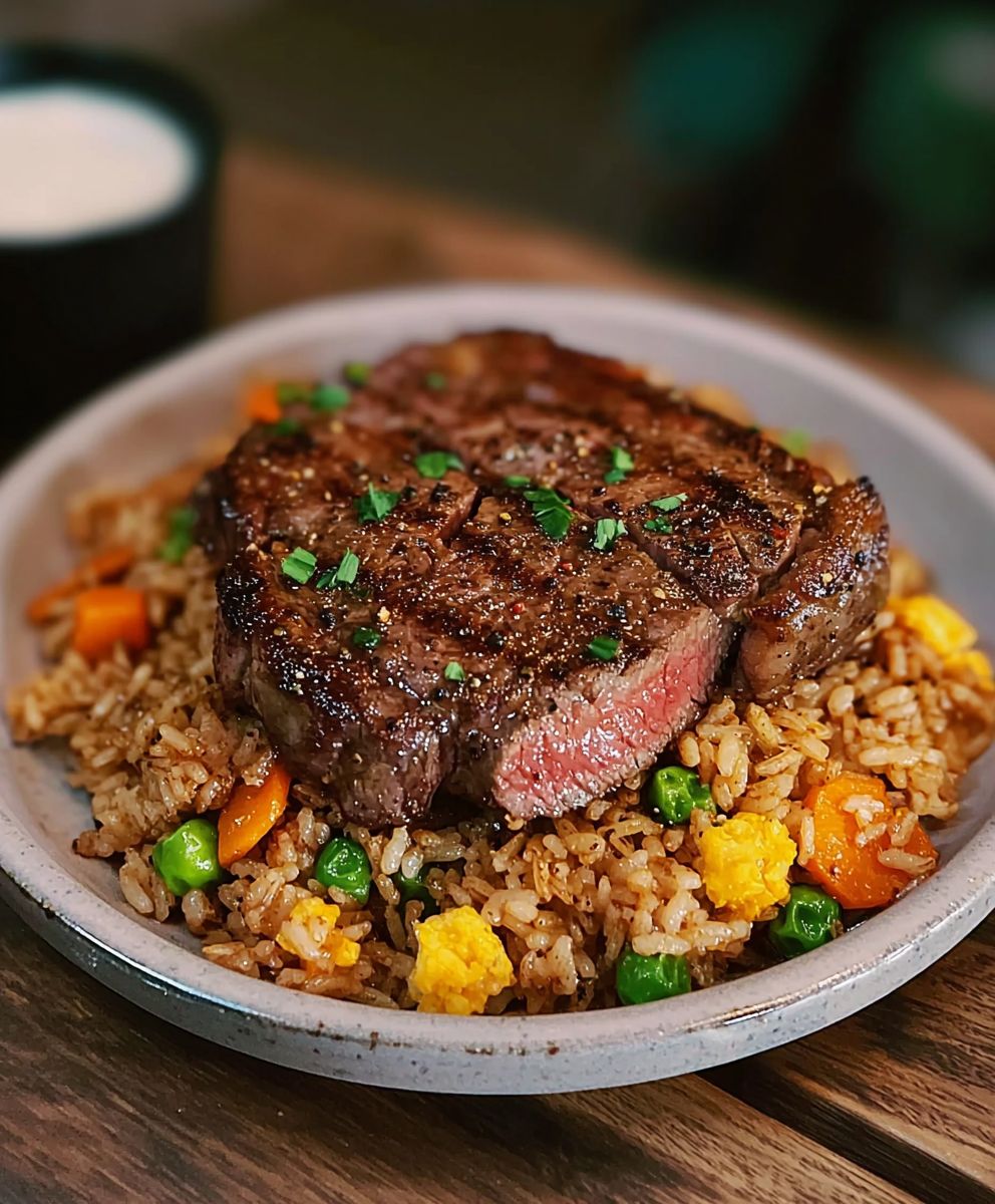 Riz frit steak poivre noir