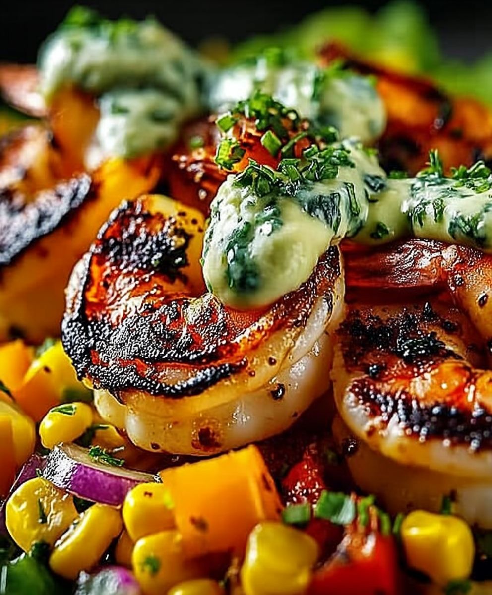Crevettes grillées salsa avocat maïs
