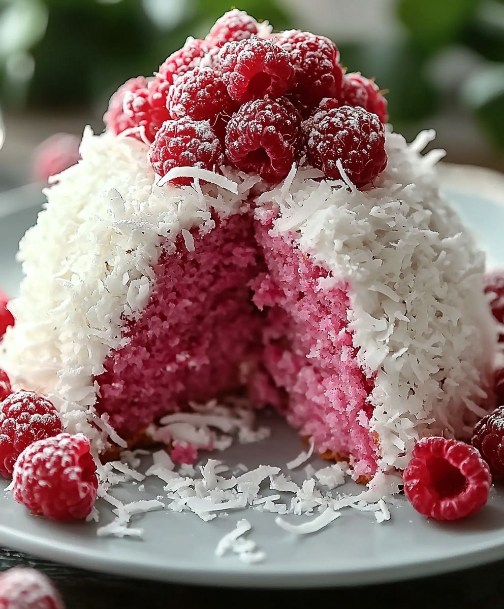 Gateau boule neige coco framboises