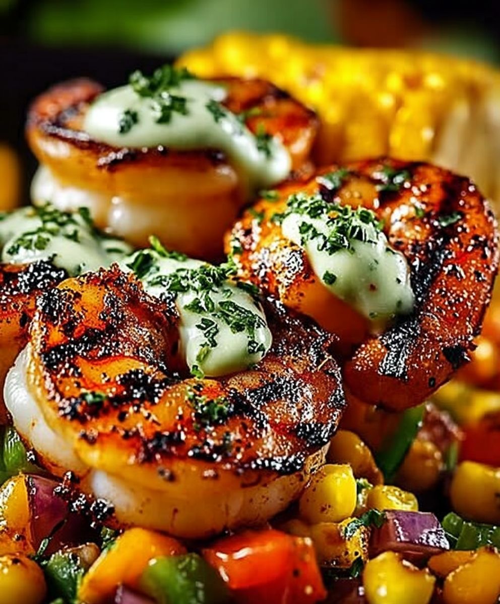 Crevettes grillées salsa avocat maïs