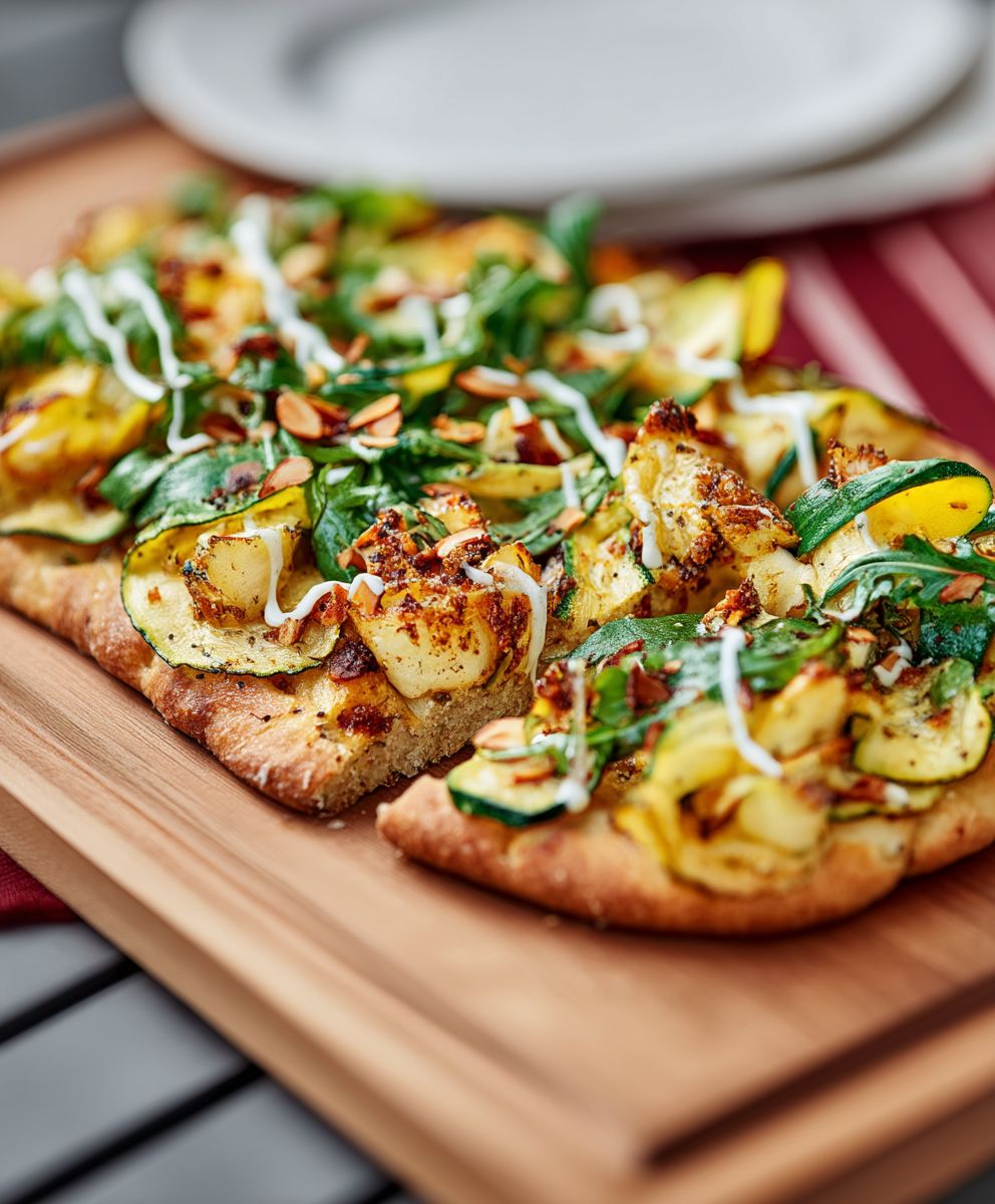 Focaccia courgettes roquette amandes
