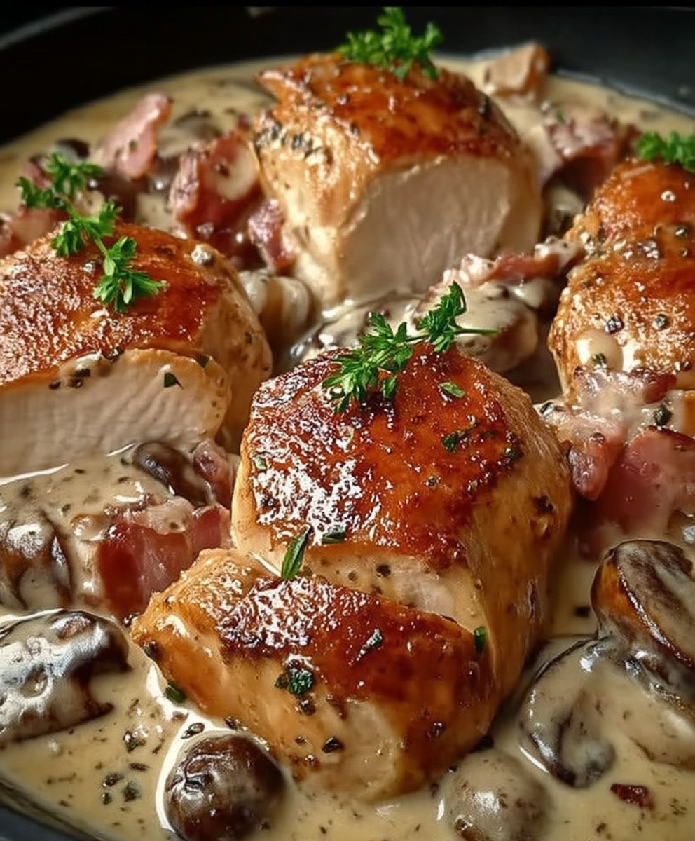 Poulet moutarde lardons champignons