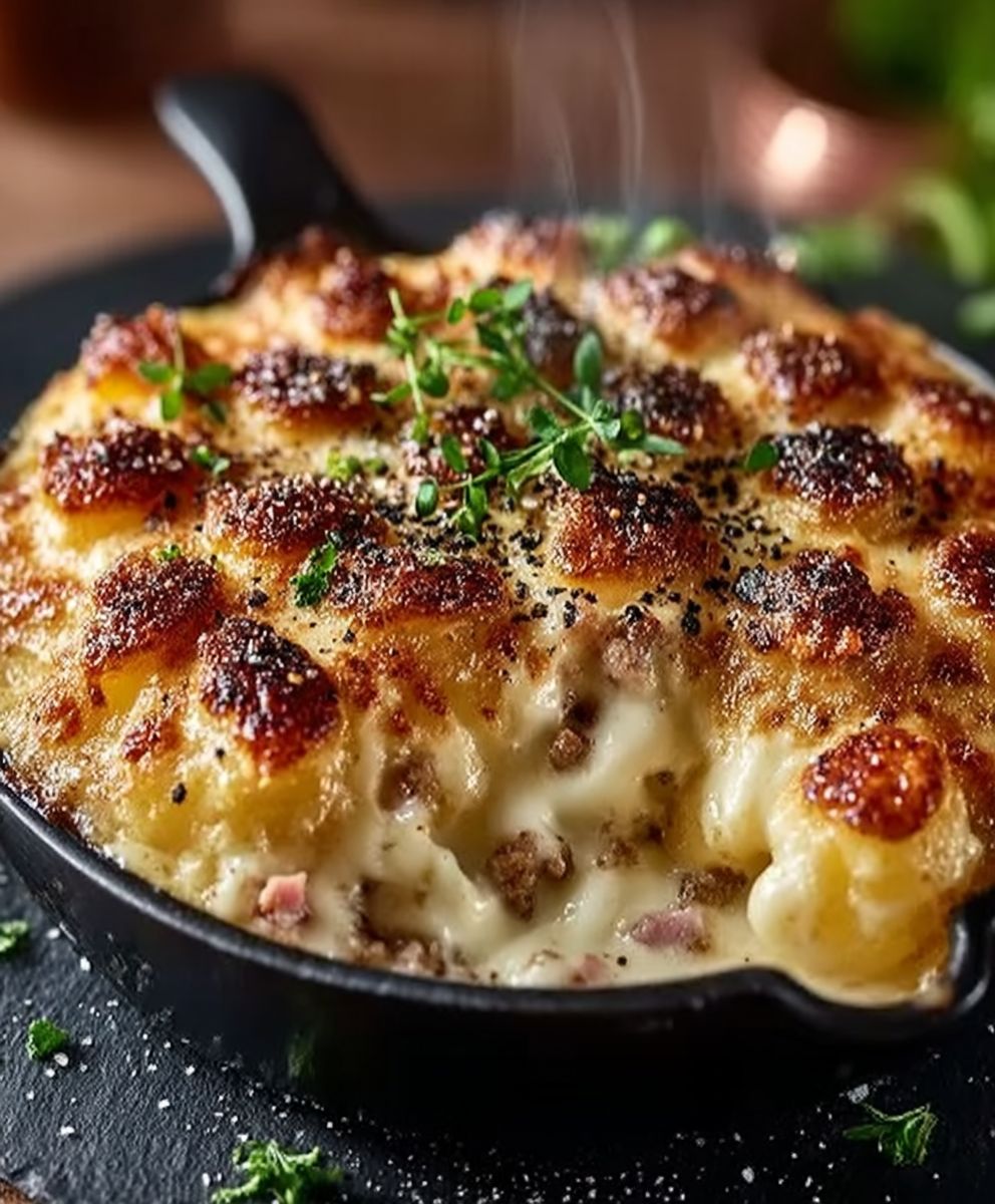 Gratin coquillettes raclette viande hachée