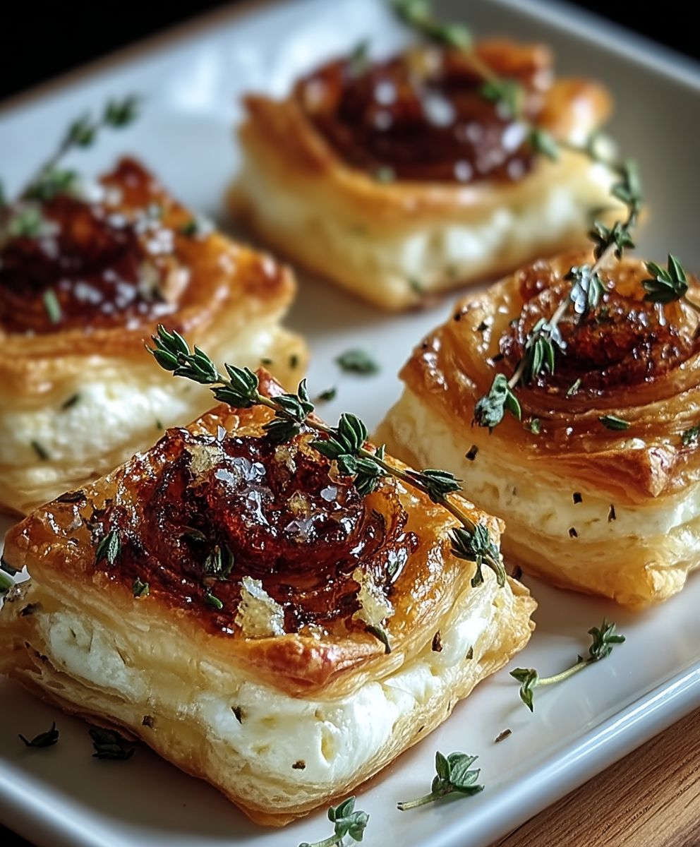 Feuilletés chèvre miel oignons caramélisés