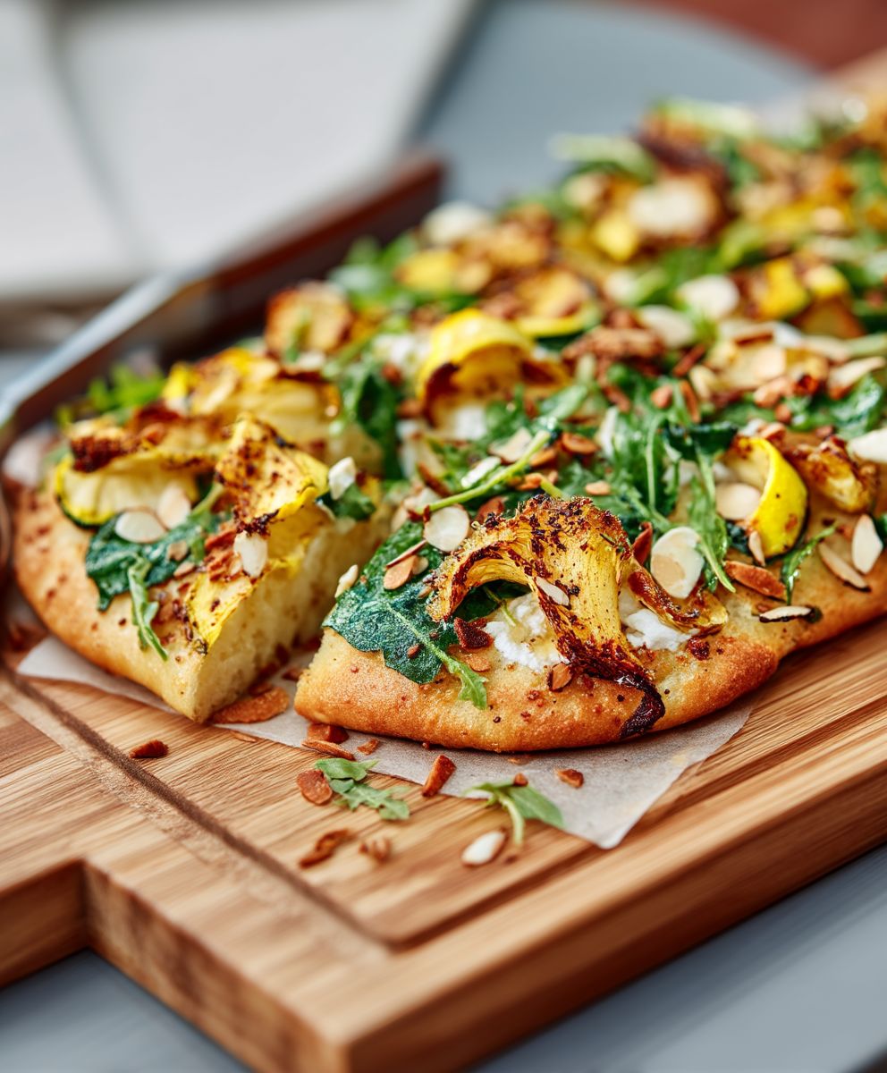 Focaccia courgettes roquette amandes