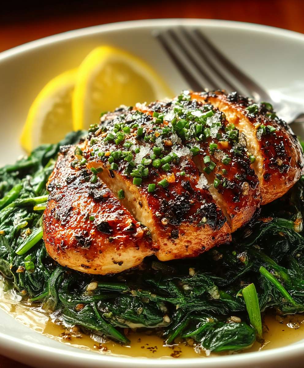 Poulet asado épinards ail sautés