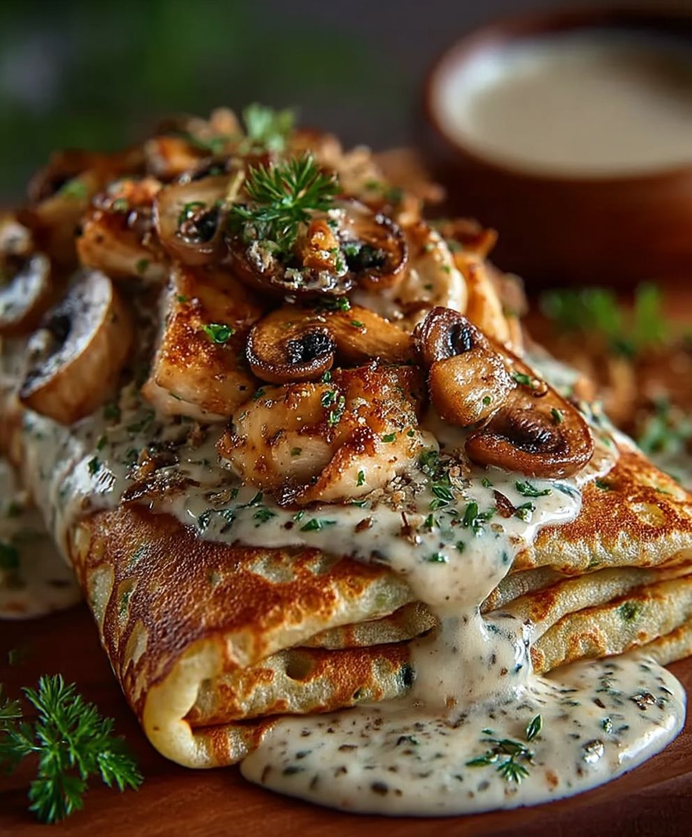 Crepes poulet champignons sauce cremeuse