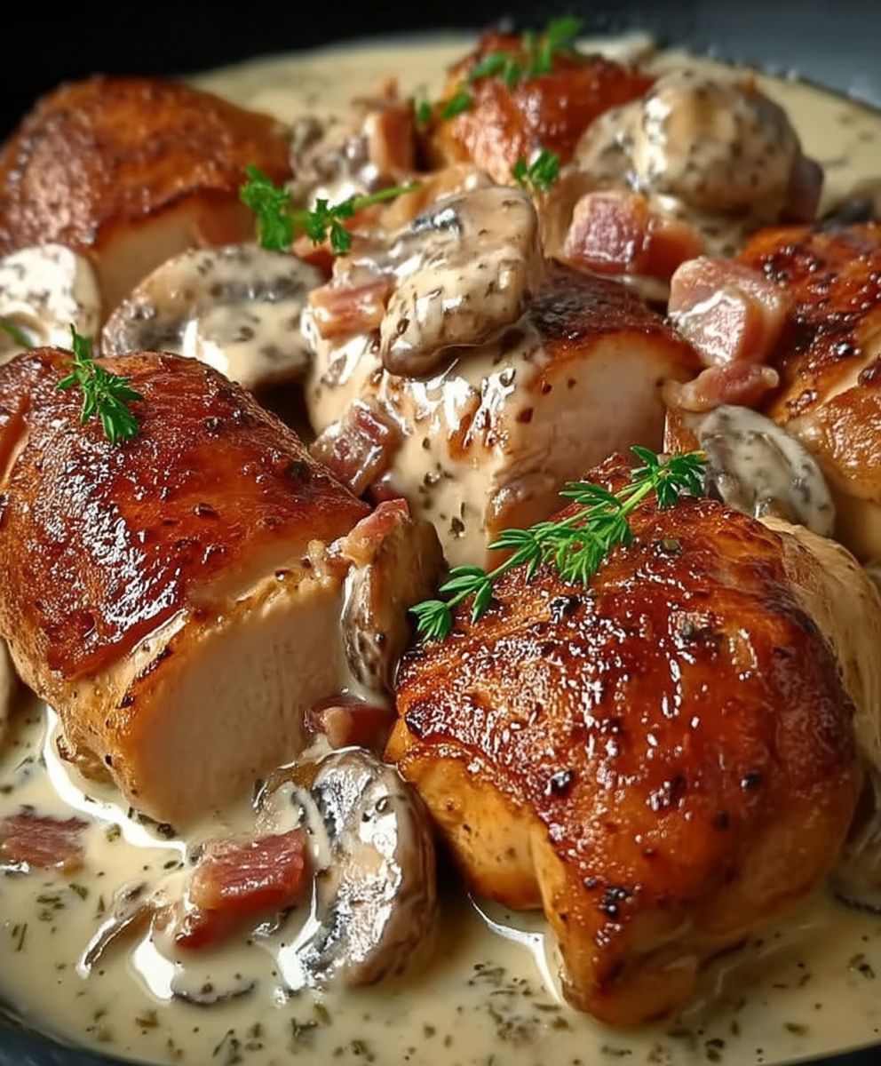 Poulet moutarde lardons champignons