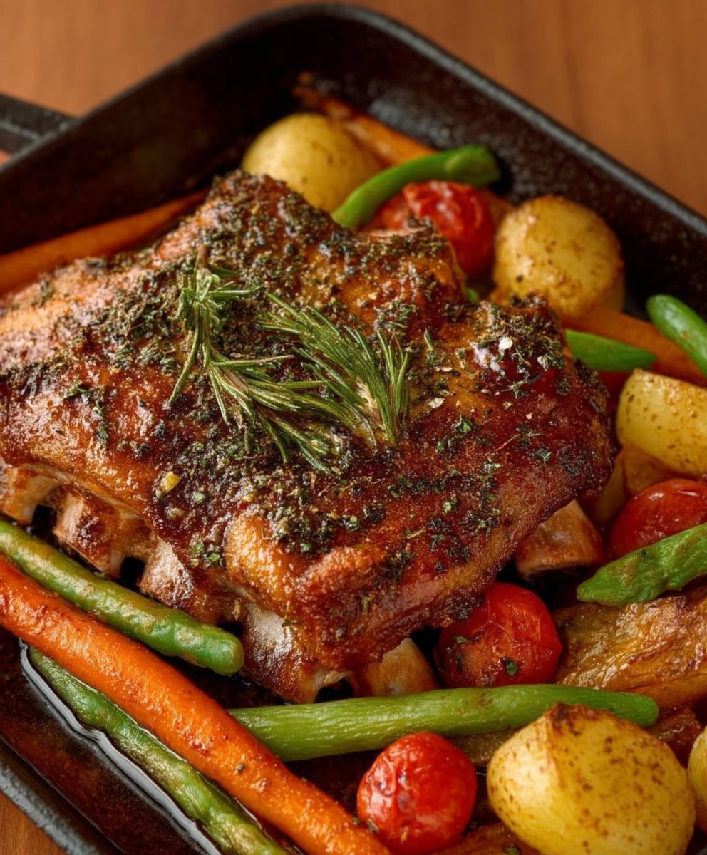 Travers de porc légumes rôtis