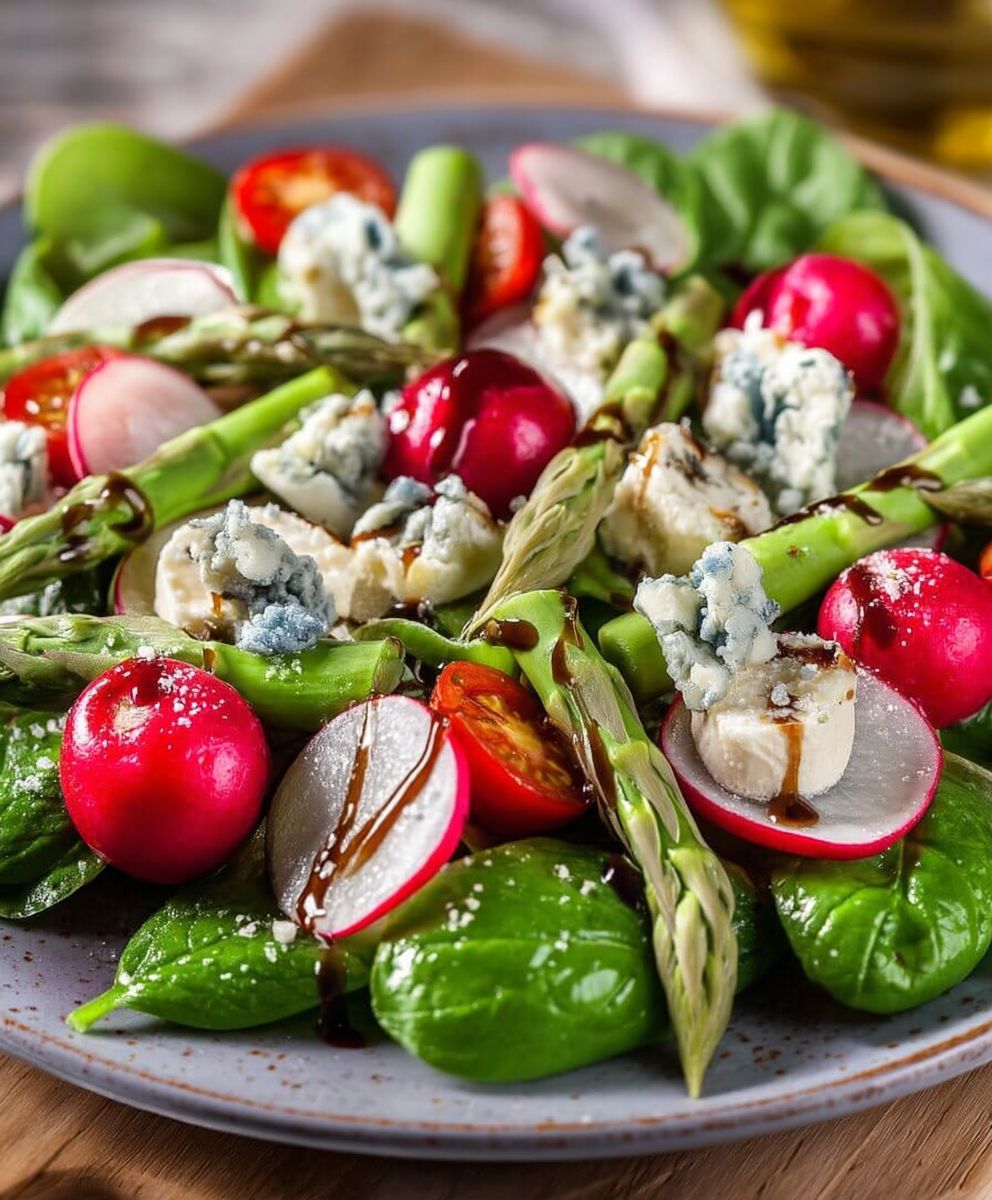 Salade radis asperges épinards roquefort