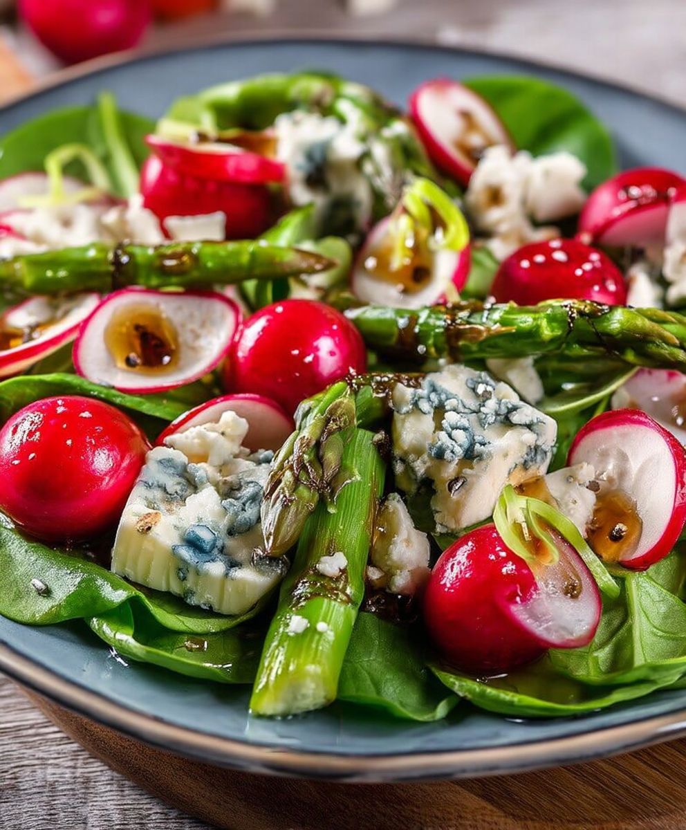 Salade radis asperges épinards roquefort